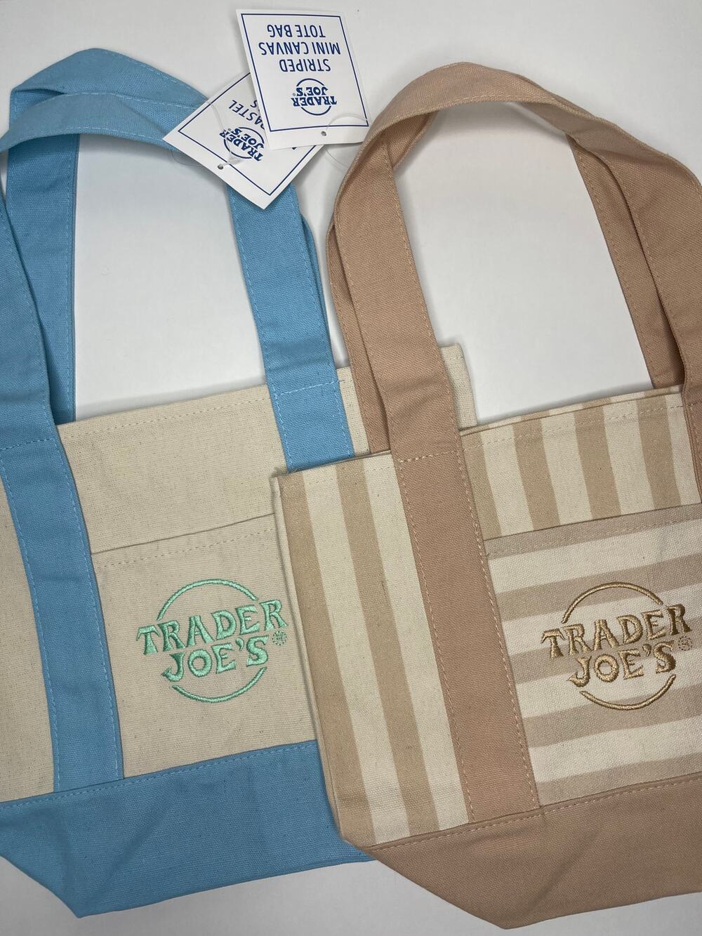 Set of 2 — Trader Joe’s Canvas MINI Tote Bags — PASTEL BABY BLUE + KHAKI STRIPES
